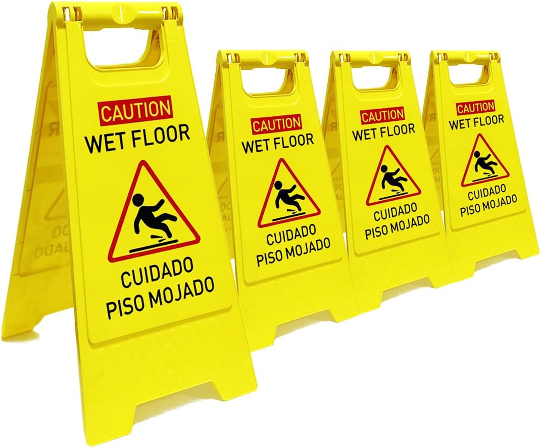 4-Pack Caution wet floor sign,24 in. (approx. 60 cm) Height,Bright Yellow Double-Sided Folding A-Shaped Frame Design, Bilingual Caution Message
