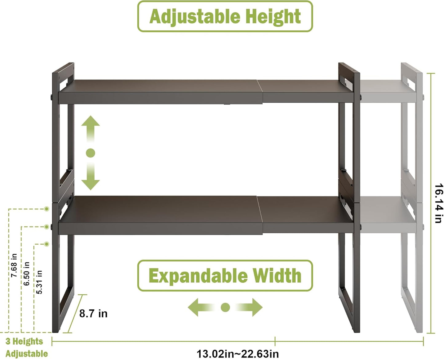 DOLALIKE Expandable kitchen Countertop Organizer, Stackable Cabinet Shelf Organizers, Space Saving Spice Rack Pantry Storage for Bathroom Office Organization (Black, 2 Pack)