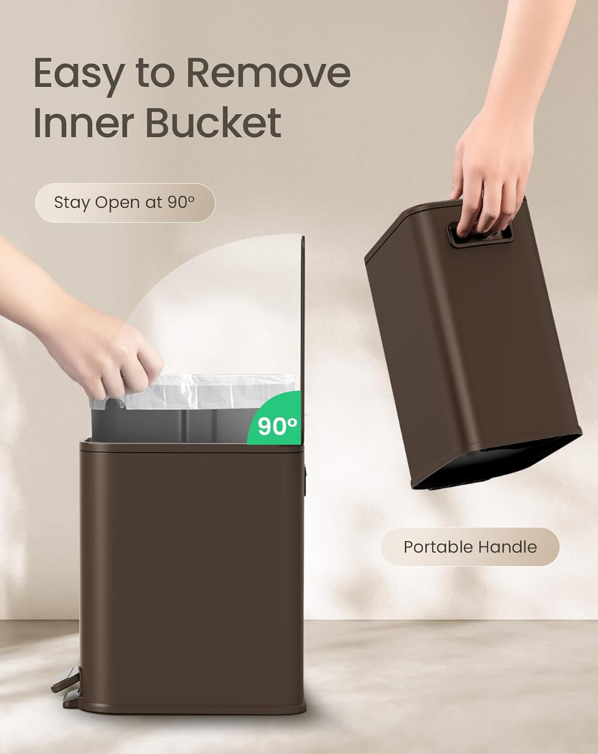 Cesun Small Bathroom Trash Can with Lid Soft Close, Step Pedal, 5 Liter / 1.3 Gallon Stainless Steel Garbage Can with Removable Inner Bucket, Waste Basket for Bathroom, Bedroom (Brown)