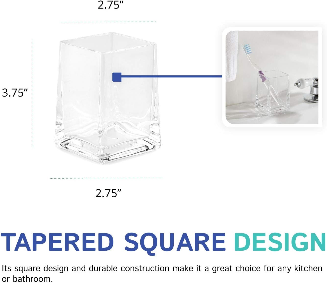 Huang Acrylic Clear Square Tapered Bathroom Toothbrush Holder/Tumbler | Easy to Clean Durable Acrylic | Single Piece Set