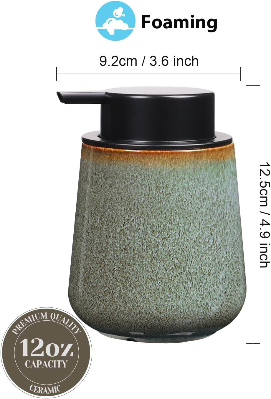 INGOFIN Ceramic Foaming Soap Dispenser -12oz Foam Hand Soap Dispenser Bathroom, Modern Refillable Dish Wash Soap Bottle for Kitchen with Large Pump -Kiln-Glazed Green