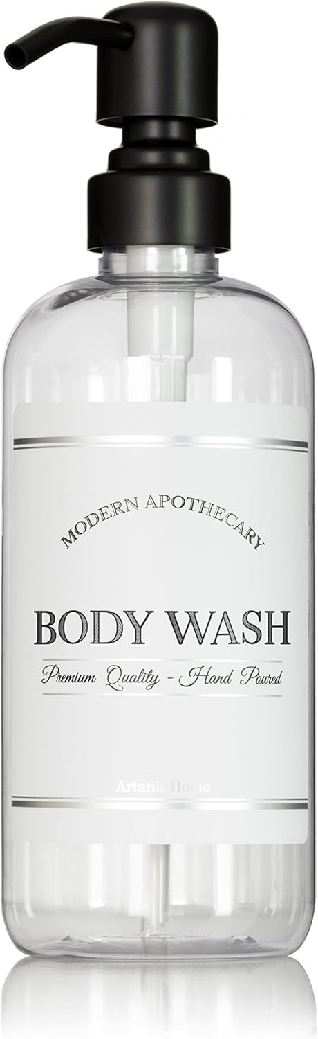 Refillable Clear PET Plastic 16 oz Body Wash Bottle with Black Satin Pump Dispenser - Chrome Accent Waterproof Labeled Bottle
