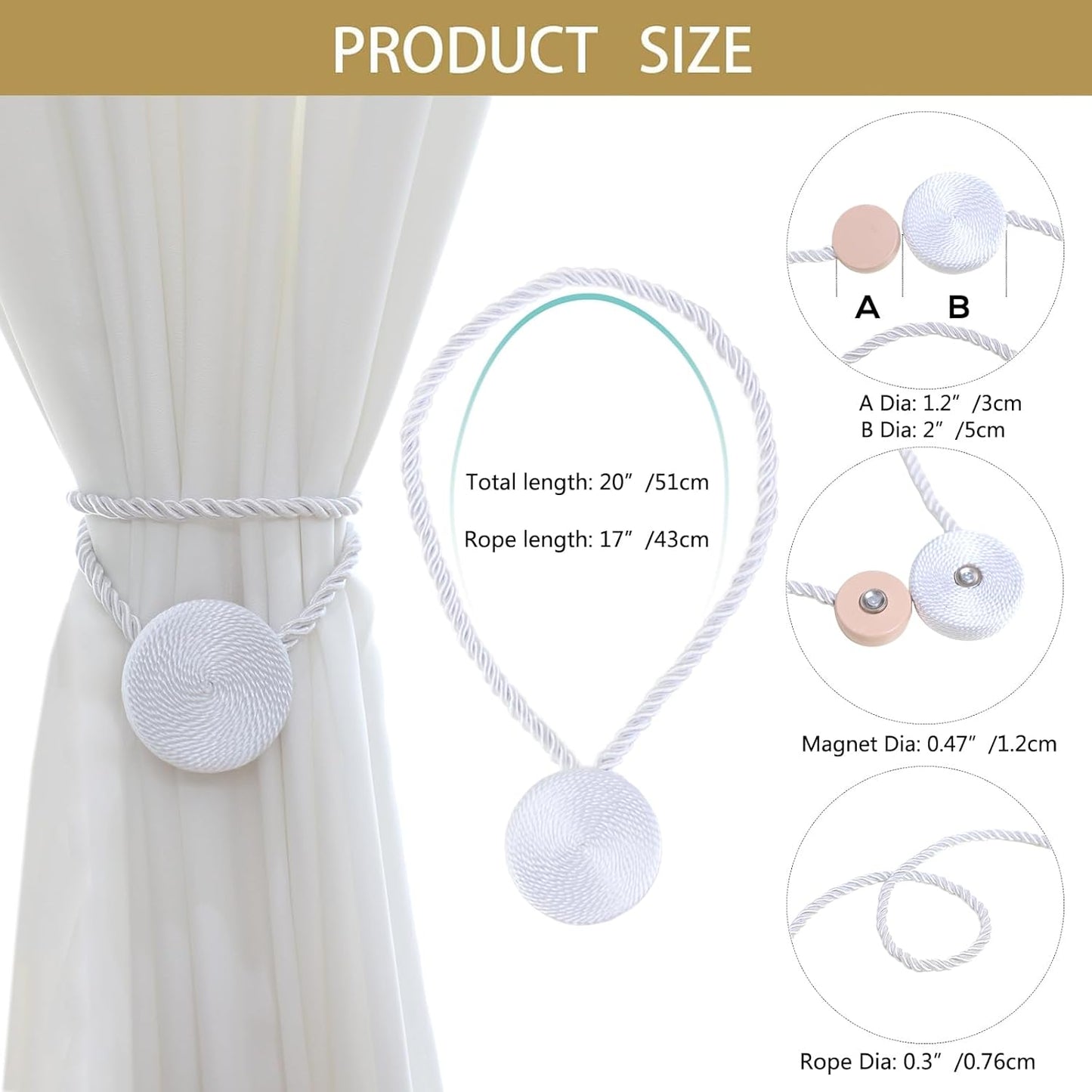 Magnetic Curtain Tiebacks - 12mm Magnetic Tie Backs for Curtains, Heavy Duty No Drill Curtain Holdbacks for Home/Office Windows Drapes, Elegant Gift-Ready Design 7 Colors (2, White)
