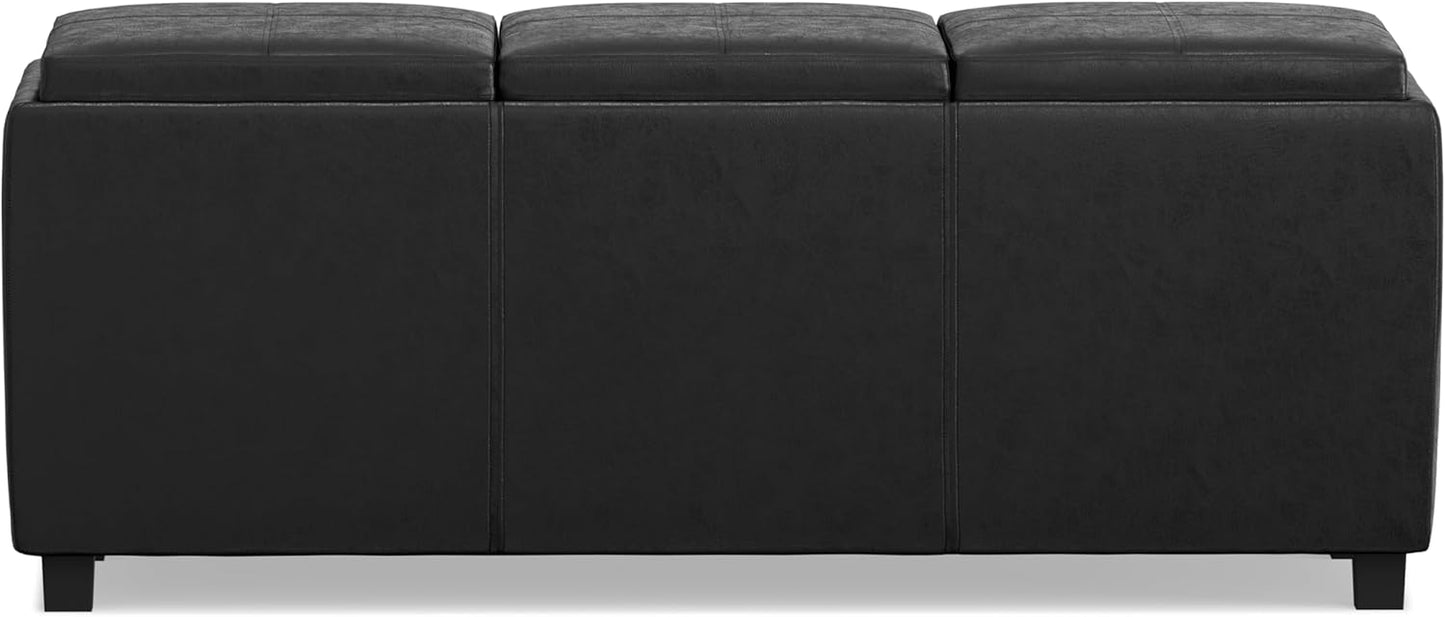 SIMPLIHOME Avalon 42 inch Wide Contemporary Rectangle Storage Ottoman in Distressed Black Vegan Faux Leather, Assembled, For the Living Room, Entryway and Family Room