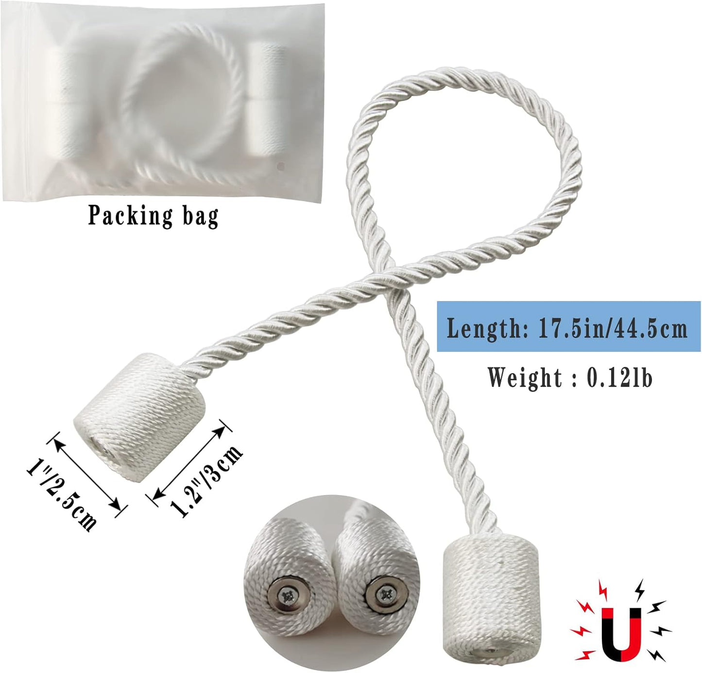 Magnetic Curtain Tiebacks 6 Pack White Curtain Rope Tieback Curtain Holders for Drapes Modern Tie Backs Decorative Curtain Holdbacks