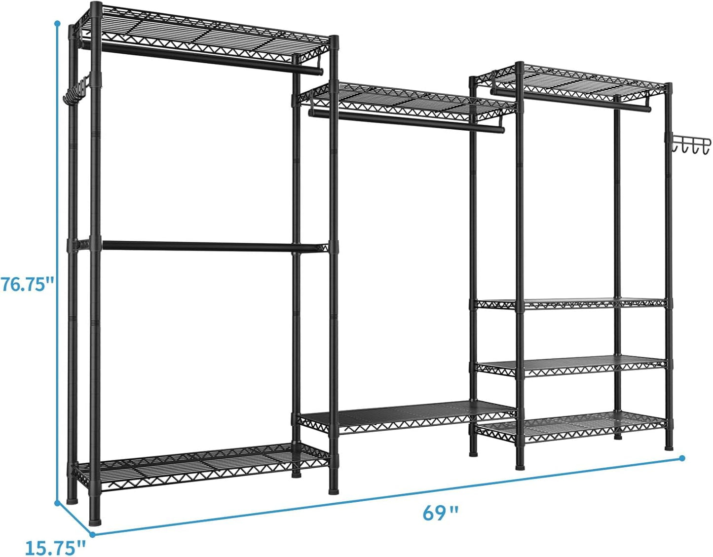 Heavy Duty Garment Rack Large Clothes Rack,Freestanding Closet Portable Clothing Rack with 8 Adjustable Wire Shelves and 4 Hang Rods,Metal Closet Storage Wardrobe Organizer System,Max Load 800lbs