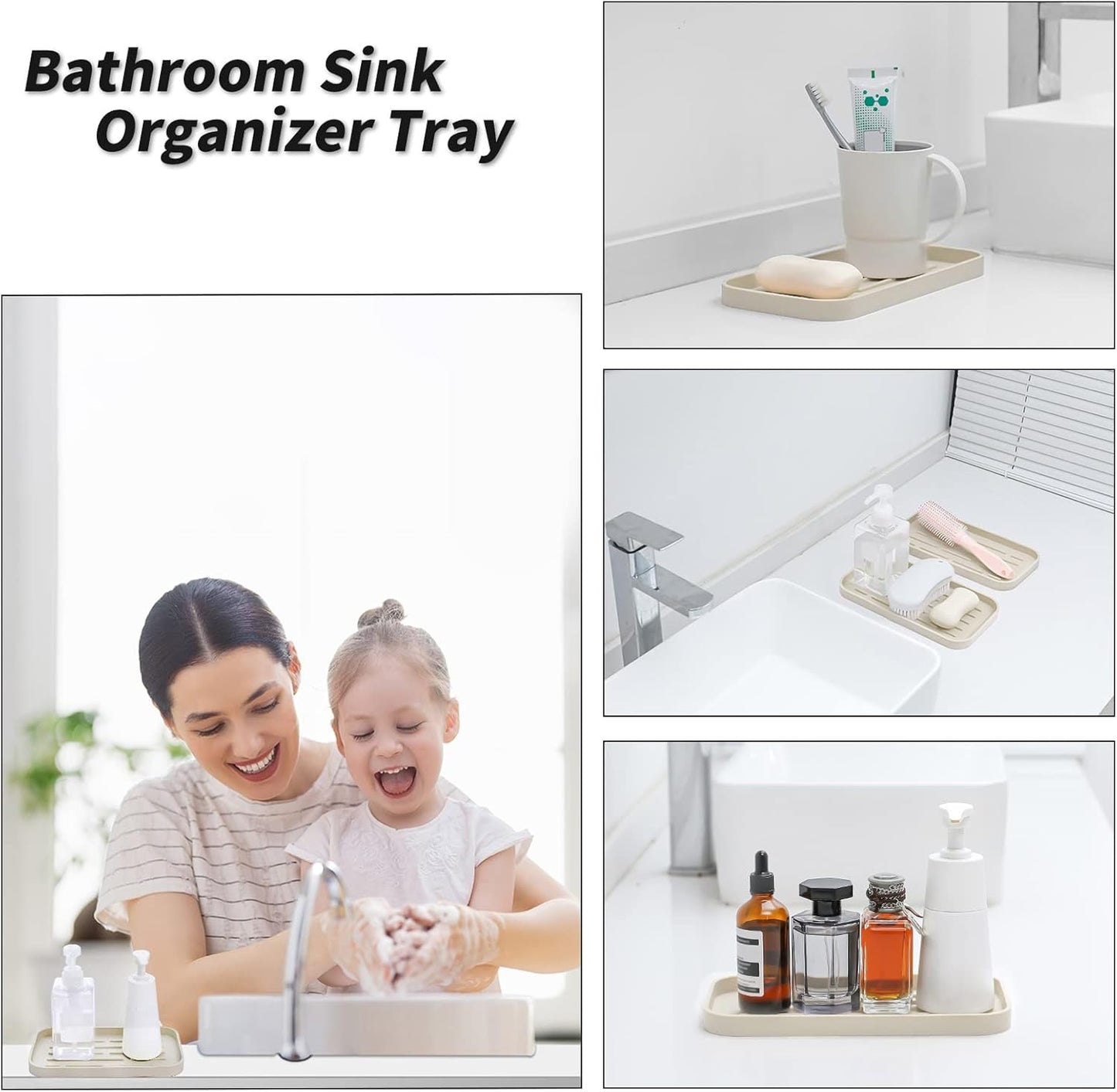 Silicone Kitchen Sink Organizer Tray for Multiple Usage,Eco-Friendly Sponges Holder for Kitchen Bathroom Counter or Sink,Dish Soap Dispenser,Scrubber,Bottle,Cup (Tapioca, 10"×5.3")