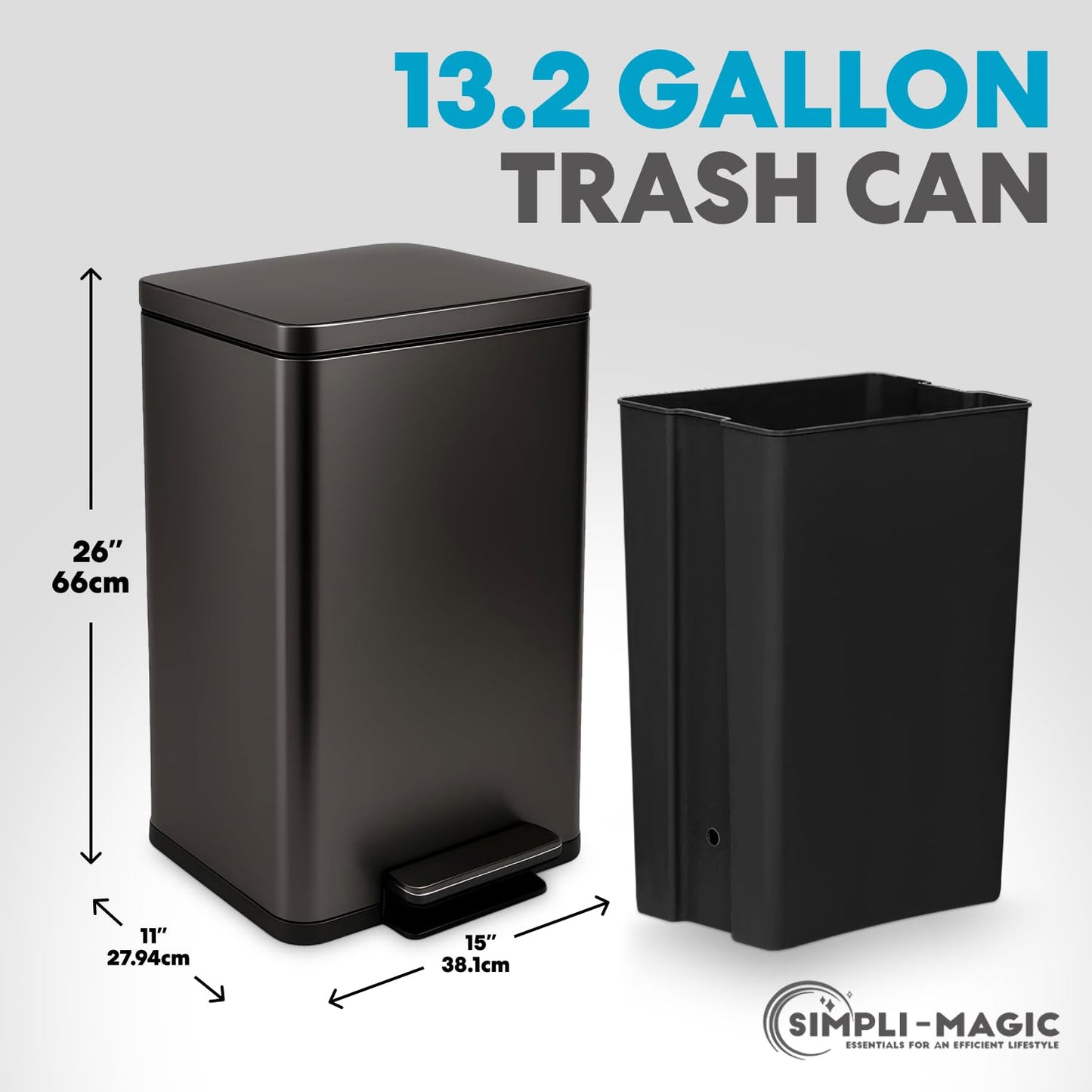 SIMPLI-MAGIC 13.2 Gallon (50L) Step Trash Can – Kitchen Garbage Can with Slow-Close Lid – Odor Control, Hands-Free, Easy to Clean, Brushed Stainless Steel
