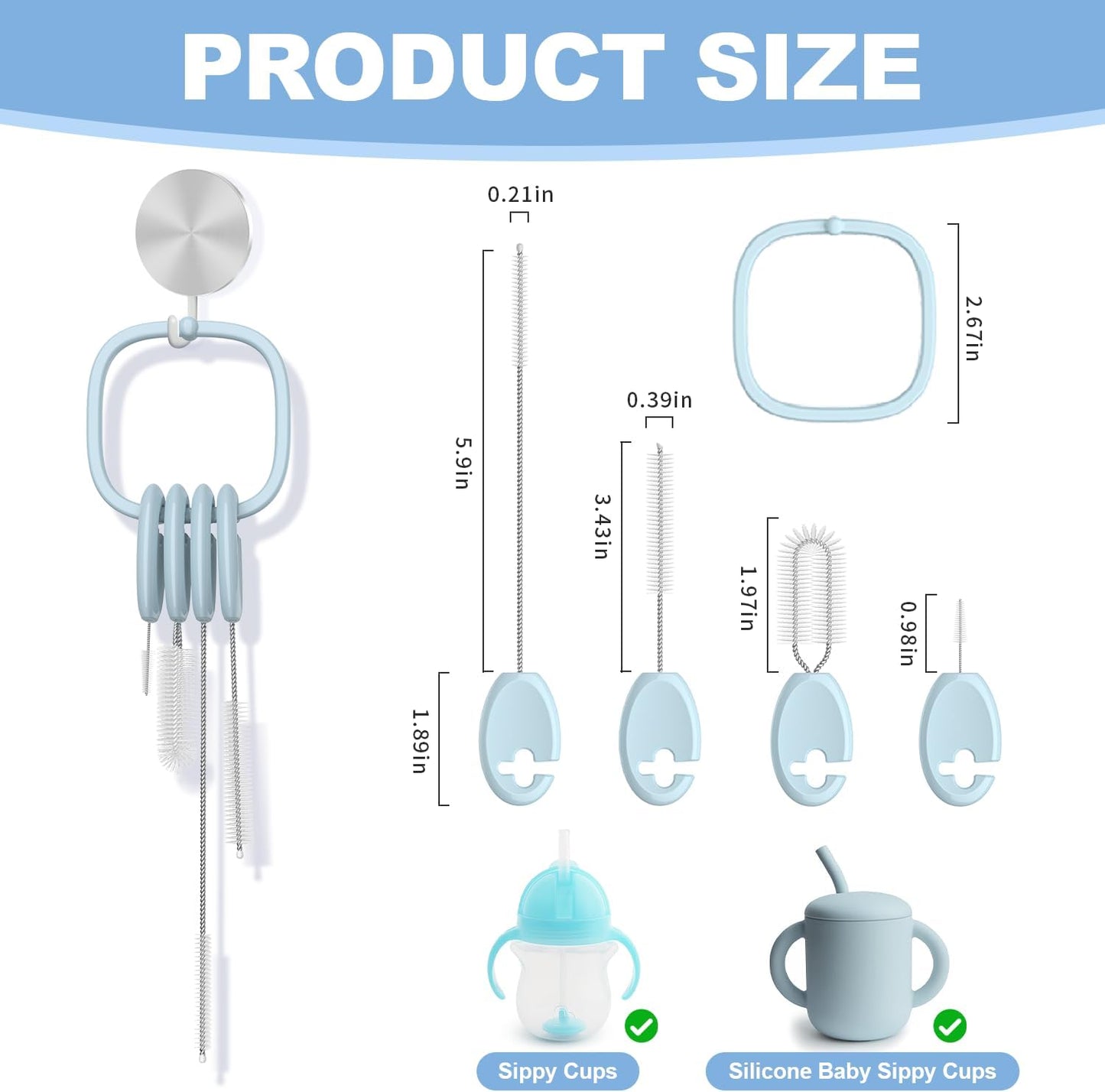 YOTIME Standing Straw Cleaner Brush Set, 4in1 Reusable Straw Brushes with Holder Ring, for Baby Bottles, Sippy Cups and Lids, Blue