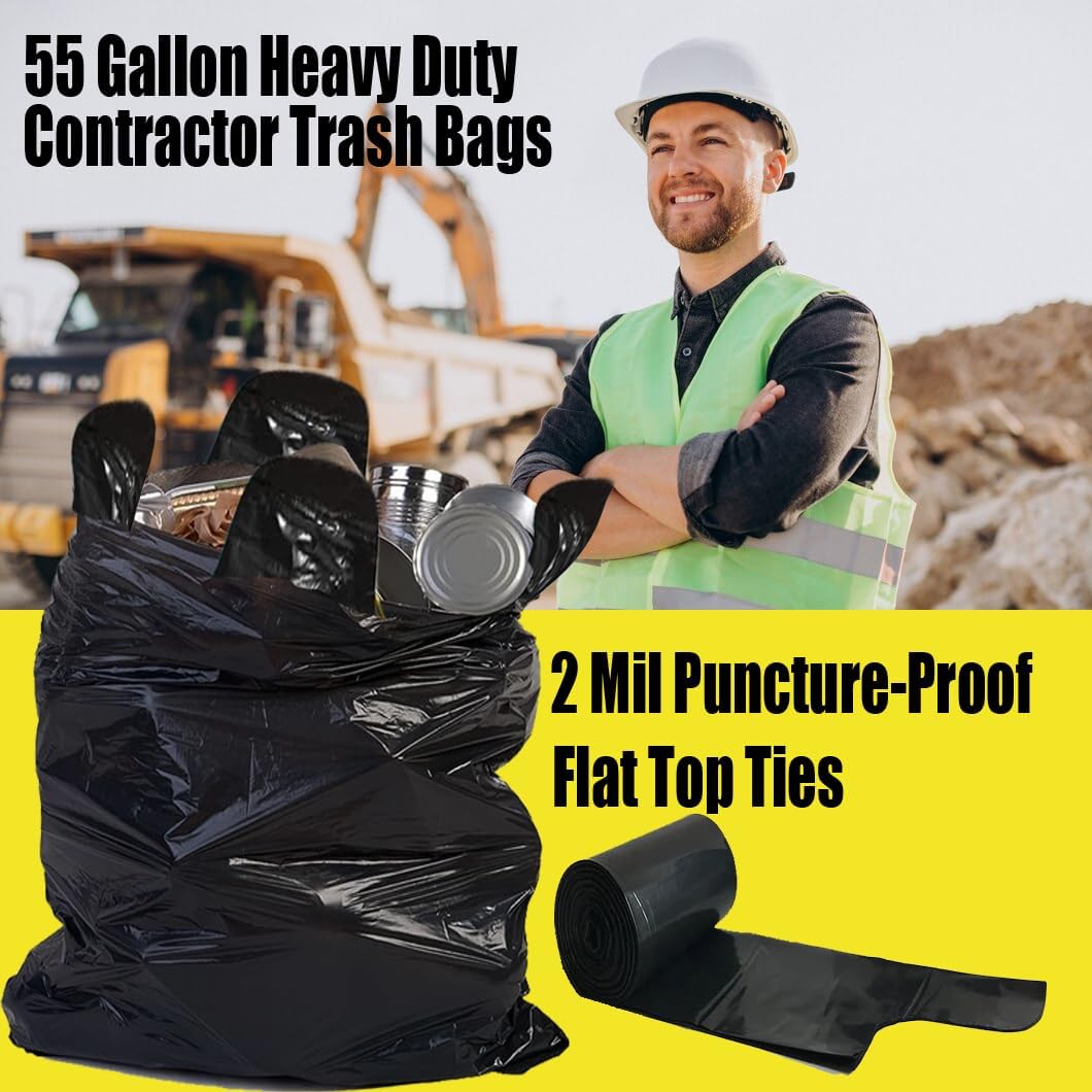 Contractor Heavy Duty Trash Bags 55 Gallon | 26 Count | 2 MIL | 36" X 56" | Large Black Flap Tie Construction Garbage Bags for Business Home Commercial, Industrial, Storage, Outdoor