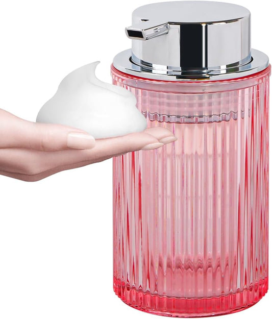 Pink Foaming Soap Dispenser, 12 Oz Glass Foaming Hand Soap Dispenser with Silver Pump, Bathroom Refillable Liquid Lotion Container Pump Ribbed Bottle for Kitchen Bathroom Decor, 1pc