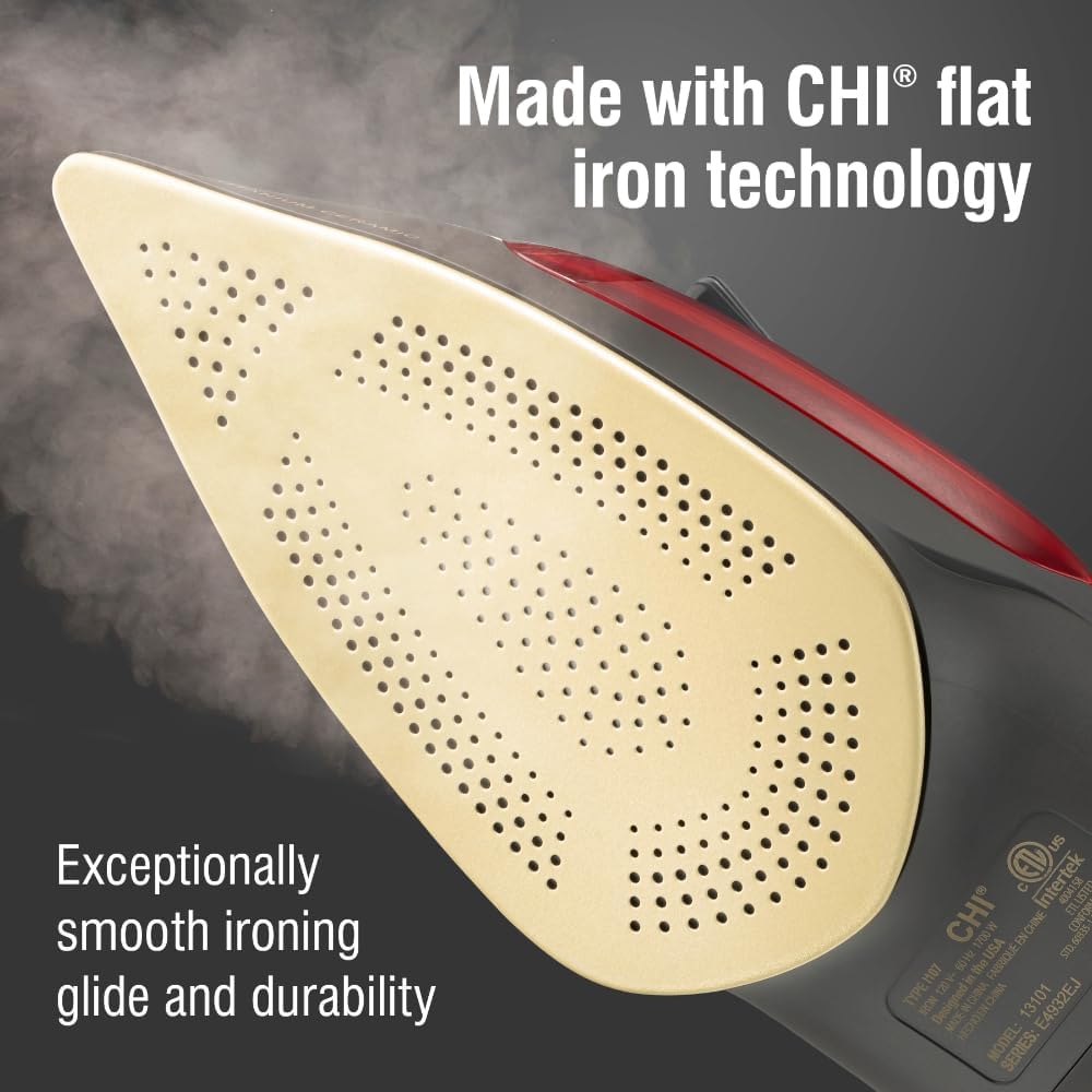CHI Steam Iron for Clothes with 300+ Holes for Powerful Steaming, Temperature Guide Dial, 1700 Watts, XL 10’ Cord, 3-Way Auto Shutoff, Titanium Infused Ceramic Soleplate, Silver (13101)