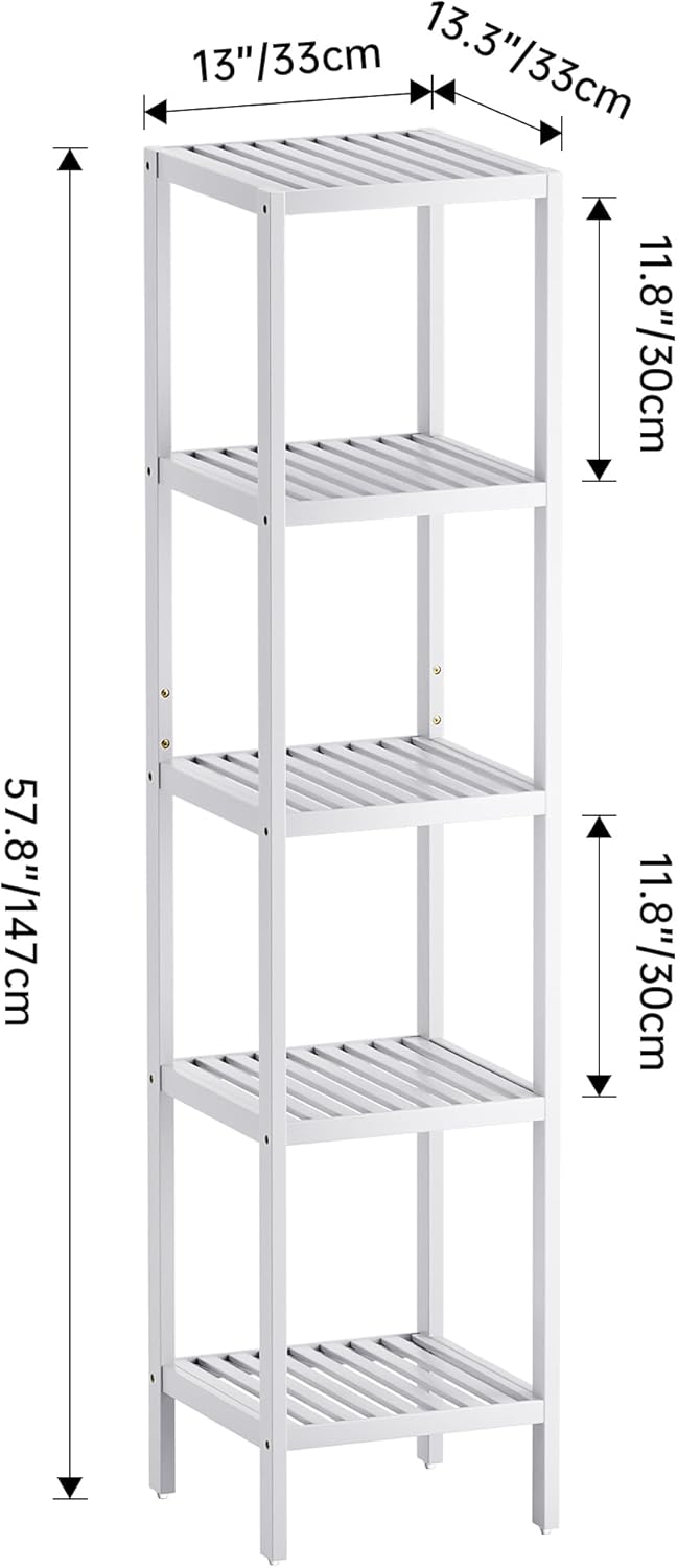SMIBUY Bathroom Storage Shelf, 5-Tier Bamboo Rack Organizer, Multifunctional Shelving Unit for Living Room Bedroom Kitchen (White)