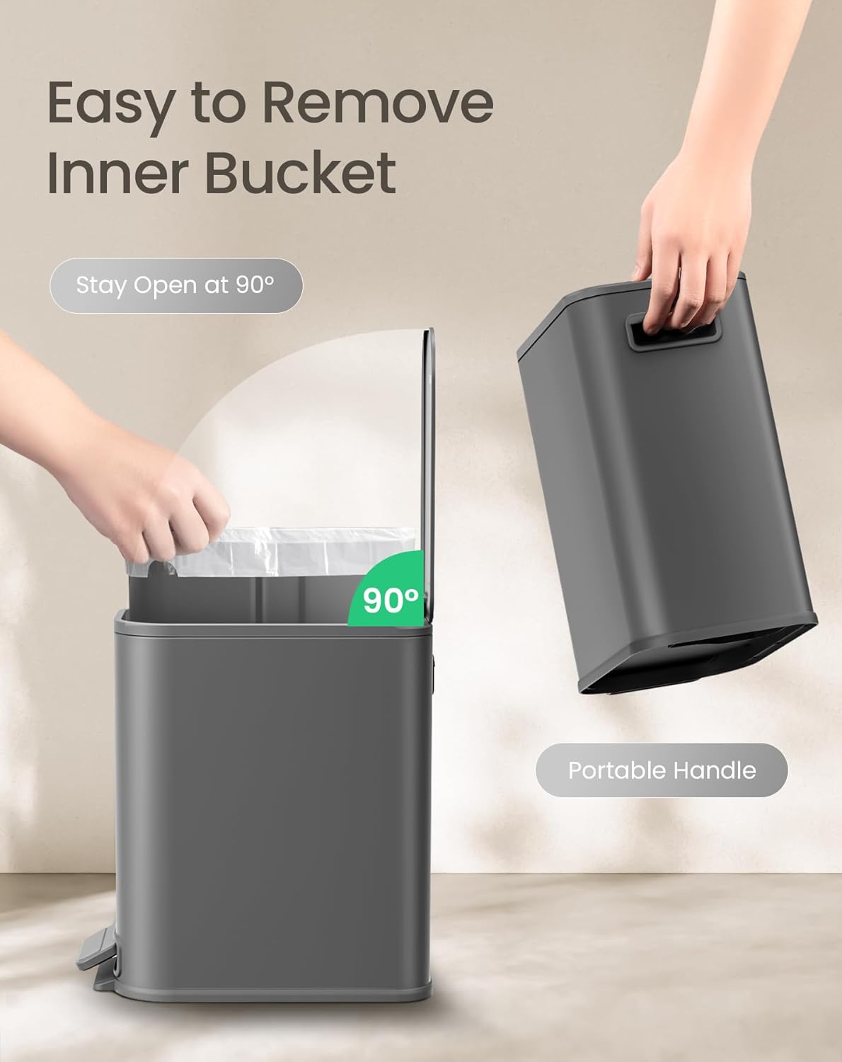 Cesun Small Bathroom Trash Can with Lid Soft Close, Step Pedal, 5 Liter / 1.3 Gallon Stainless Steel Garbage Can with Removable Inner Bucket, Waste Basket for Bathroom, Bedroom (Gray)