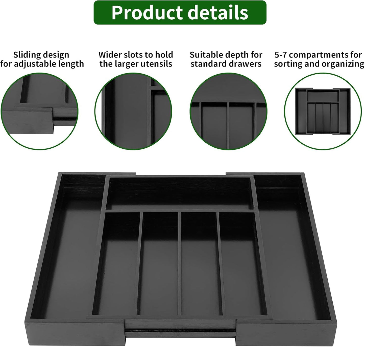 VaeFae Bamboo Drawer Organizer, Expandable Silverware Drawer Organizer, Cutlery Tray with Dividers for Kitchen Utensils (Black, Medium)