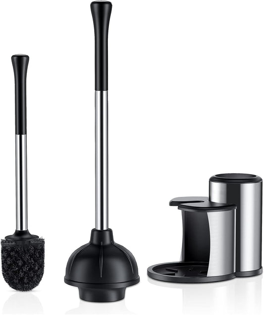 HAMITOR Toilet Plunger and Bowl Brush Set: 2 in 1 Stainless Steel Heavy Duty Toilet Cleaner Plunger with Holder Combo for Bathroom Cleaning - Modern Hideaway Bathroom Accessories with Caddy Stand