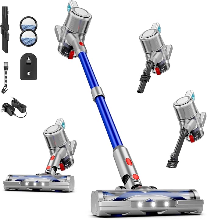 Cordless Vacuum Cleaner, 38Kpa Powerful Stick Vacuum Cleaner with 45mins Rechargeable Battery, LED Anti-Tangle Brush, 8-in-1 Handheld Vacuum Cleaners for Home/Pet Hair/Carpets/Floors, Blue