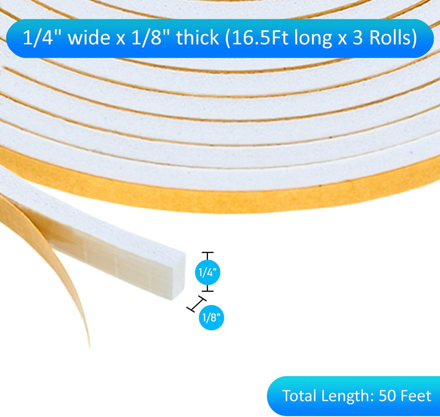 High Density Foam Weather Stripping Door Seal Strip Insulation Tape Roll for Insulating Door Frame, Window, Air Conditioner | Self Adhesive Sealing Weatherstrip (White, 1/4 in 1/8 in 50 Ft)