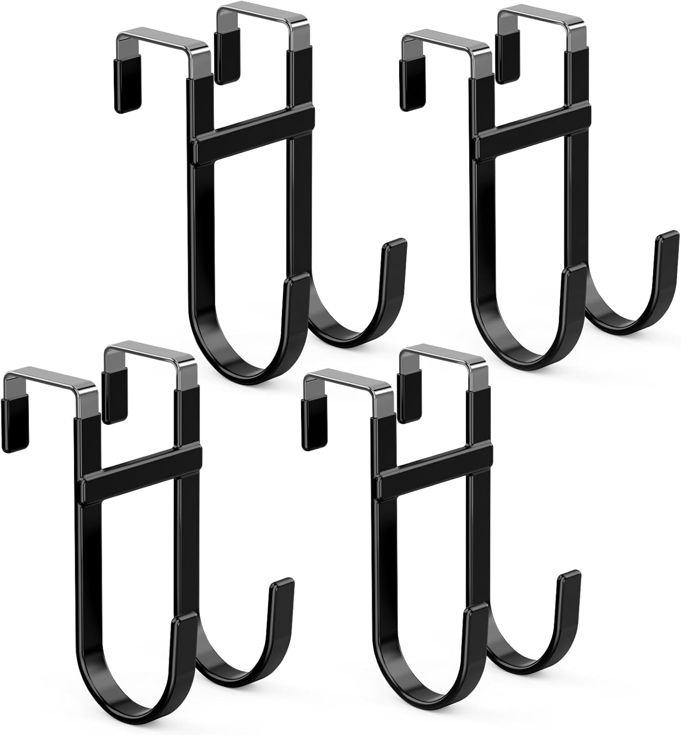 FYY Over The Door Hooks - 4 Pack Heavy Duty Dual-Hook Organizer Hanger with Non-Slip Rubber for Towels, Clothes, Hats & Bags Use in Bathroom, Bedroom, Kitchen - Fits Interior Doors Up to 1 3/8" Black