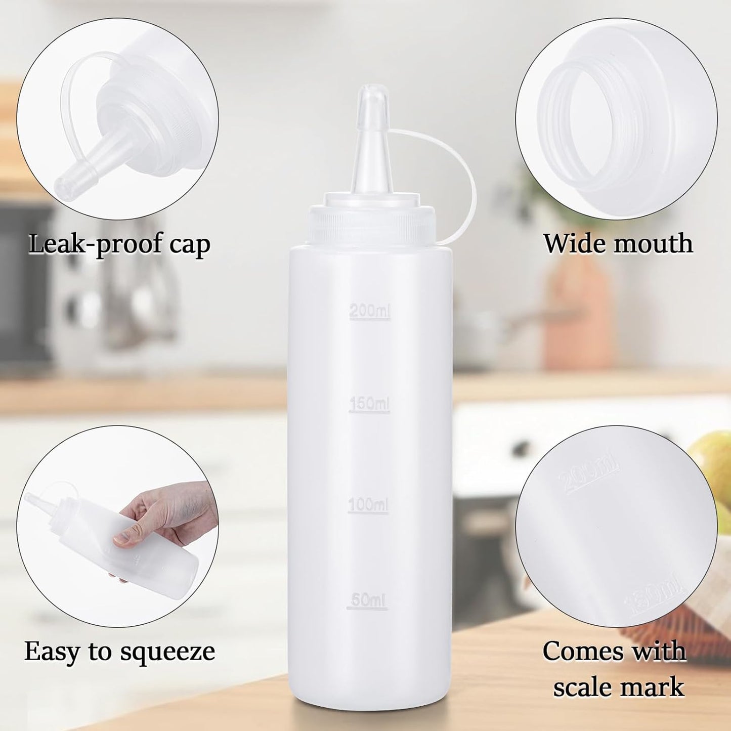 Condiment Squeeze Bottles Ketchup Dispenser, 4 Pack 8oz Squeeze Bottles for Liquids, Plastic Sauce Bottle with Cap Lid, Squirt Bottles for Sauces Liquids BBQ Dressing Pancake Art