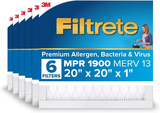 Filtrete 20x20x1 AC Furnace Air Filter, MERV 13, MPR 1900, Premium Allergen, Bacteria & Virus Filter, 3-Month Pleated 1-Inch Electrostatic Air Cleaning Filter, 6-Pack (Actual Size 19.69x19.69x0.78 in)