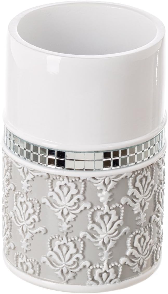 Creative Scents Mirror Damask Bathroom Cup - Electric Toothbrush and Toothpaste Holder for Bathroom, Gray & White Tooth Brush Holder Tumbler Cup for Toothbrushes, Toothpaste, Makeup Brushes or Rinsing