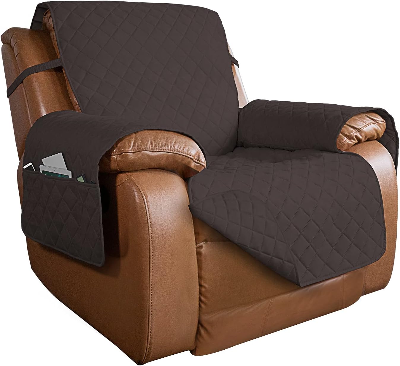 PureFit Reversible Quilted Sofa Cover, Water Resistant Slipcover Furniture Protector, Washable Couch Cover with Non Slip and Elastic Straps for Kids, Dogs (Oversized Recliner, Chocolate/Chocolate)