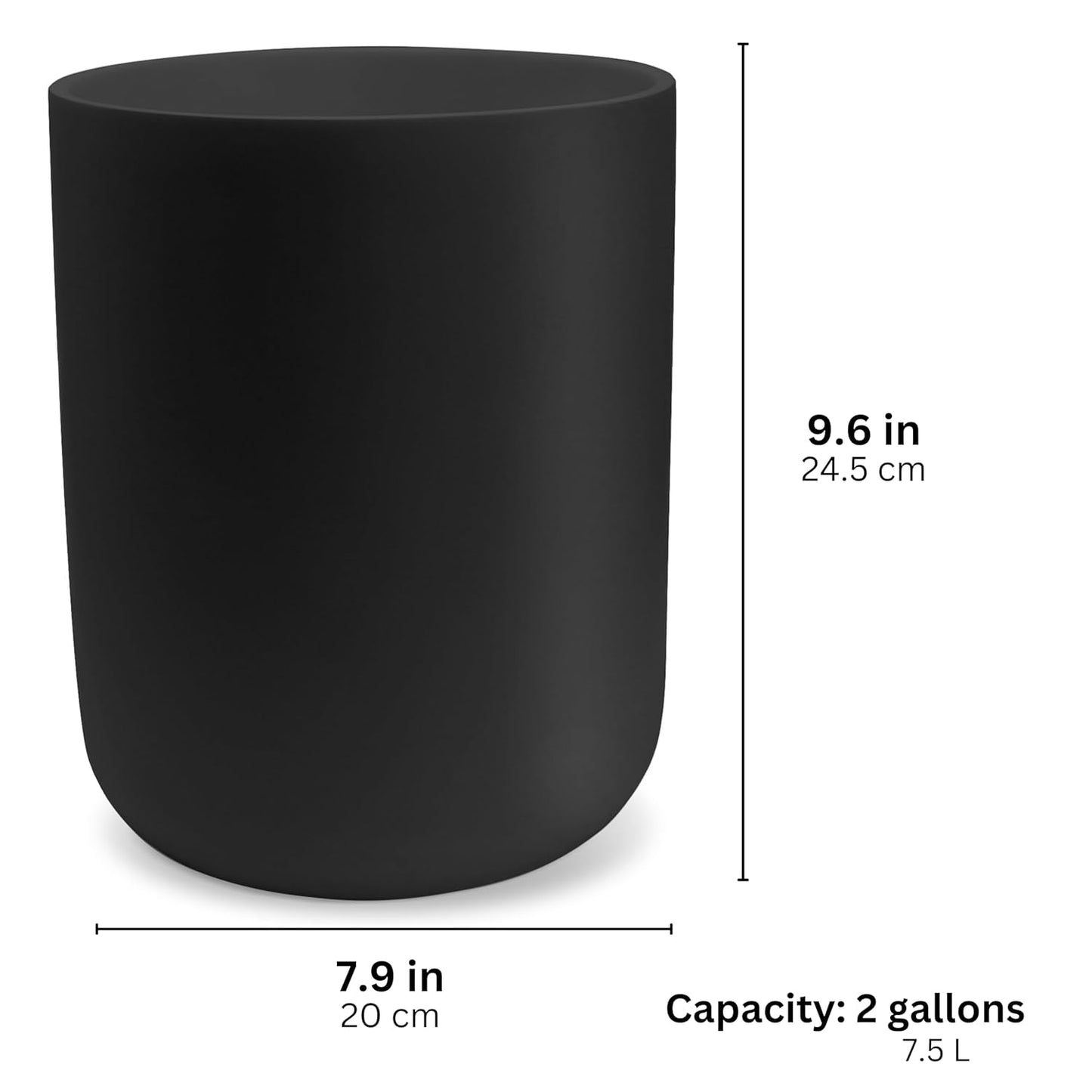 Matte Black Round Compact Trash Can Mini, 2 Gallons / 7.5L Garbage Bin, Tiny Wastebasket for Bathrooms, Office, Under Desk, Bedroom, Laundry Room, Kitchen, Kids Room, and Dorm