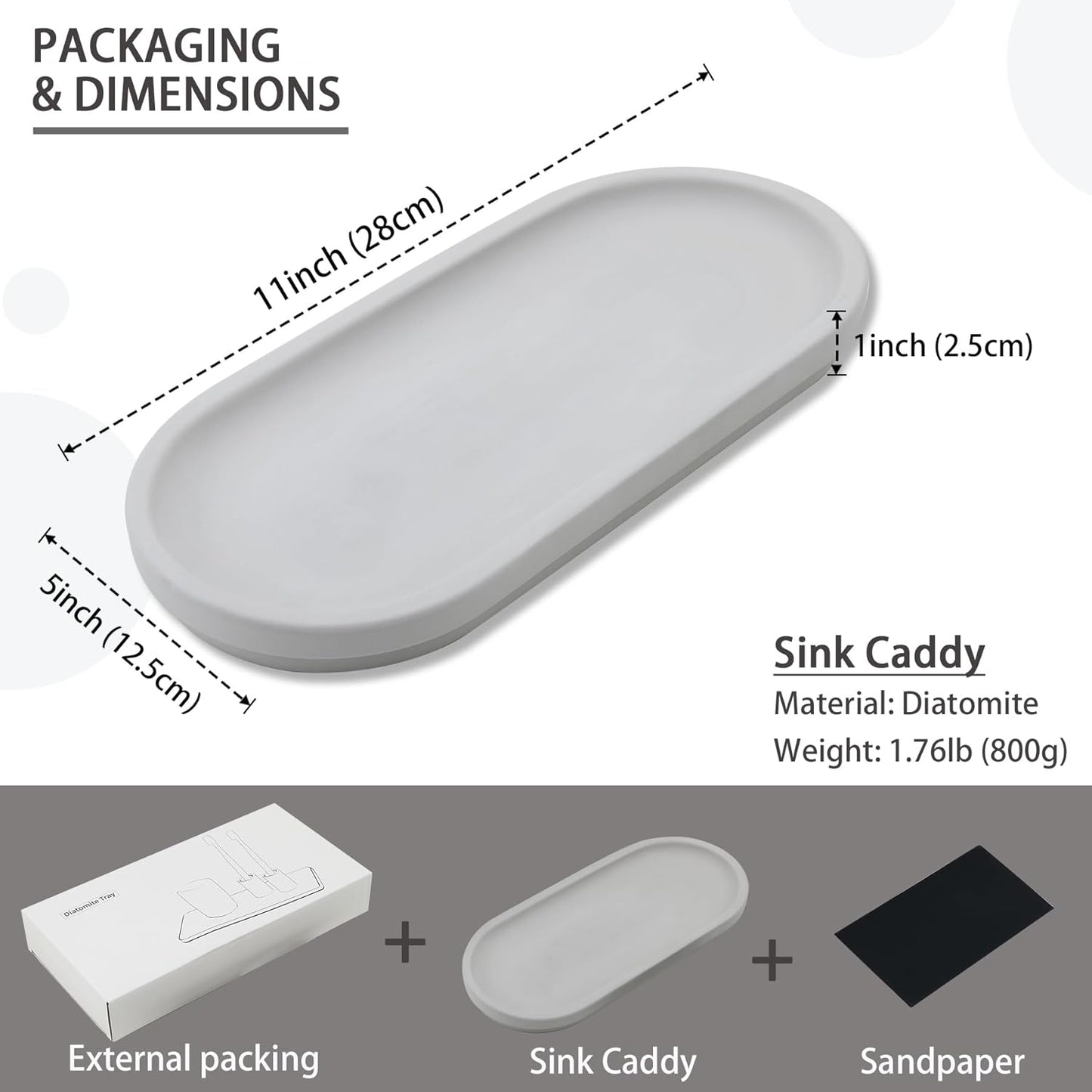Diatomite Sink Caddy for Kitchen Organizer, Quick Dry Holder for Sponge, Dish, Brush, Bathroom Soap, Toothbrush - Fast Absorbing Stone Tray (Grey, 11" x 5")