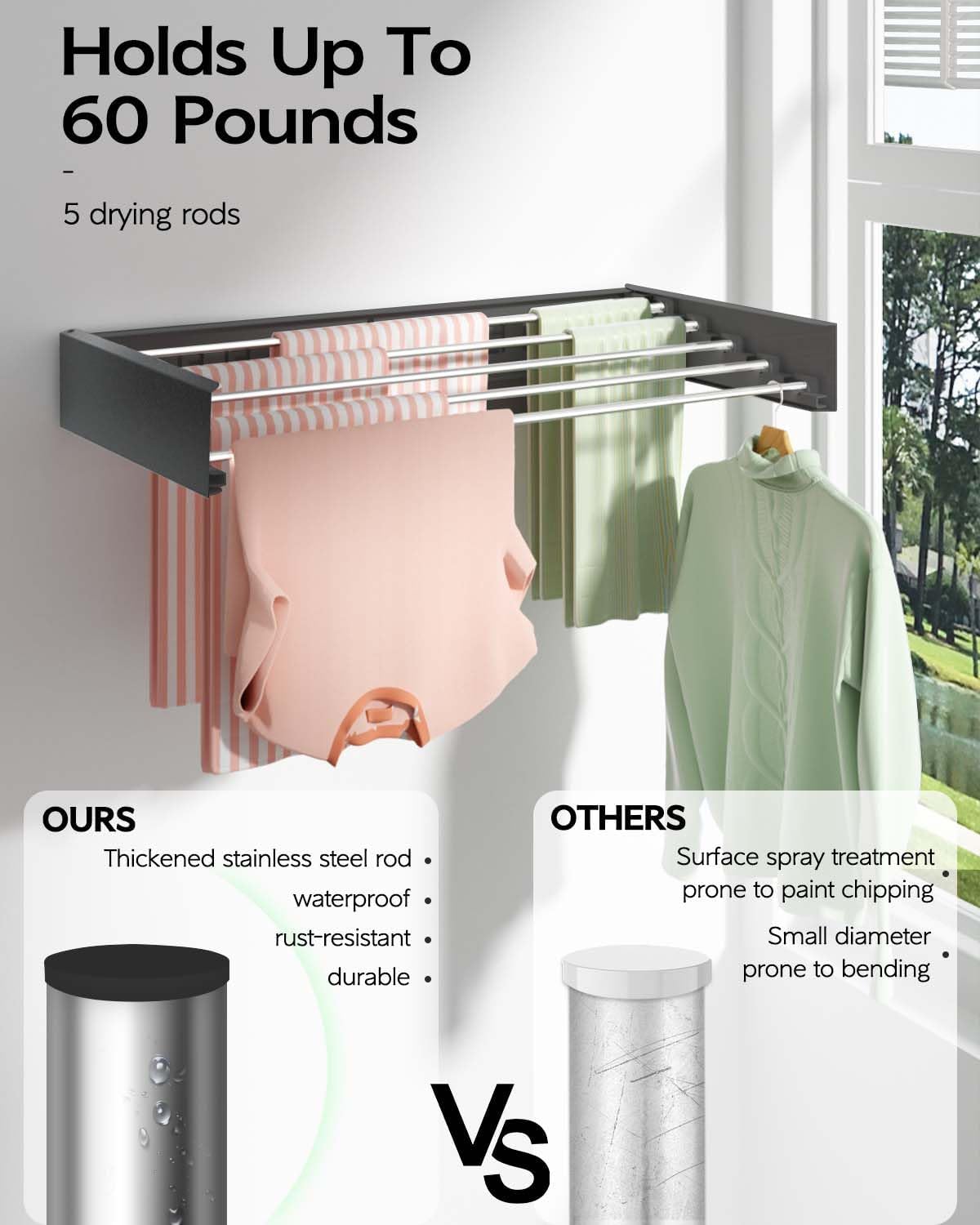 Wall Mounted Clothes Drying Rack 32", Foldable Wall Mount Laundry Rack Folding Indoor, Drying Rack Clothing Collapsible, Hidden Space Saver with Wall Template, 5 Rods, Black