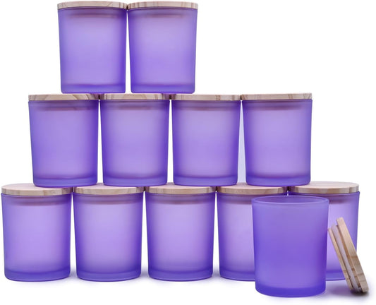 Thick Candle Jars for Making Candles 12 Pcs, 7 OZ Empty Jars with Wood Lids for Candle Making, Sample Container, Frosted Purple