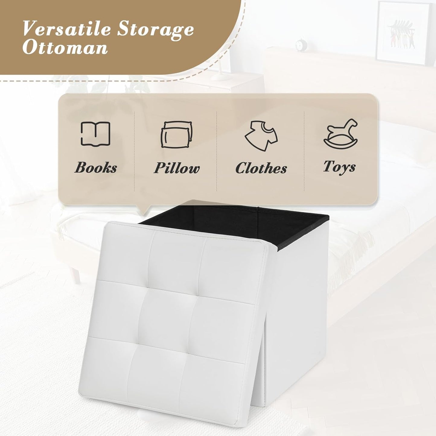 Athena Collection 15" Storage Ottoman Bench Folding Bench with 40L Hidden Storage, Small Cube Ottoman PU Leather Foot Rest Stool Chest with Flipping Lid for Living Room, Bedroom, Entryway, White