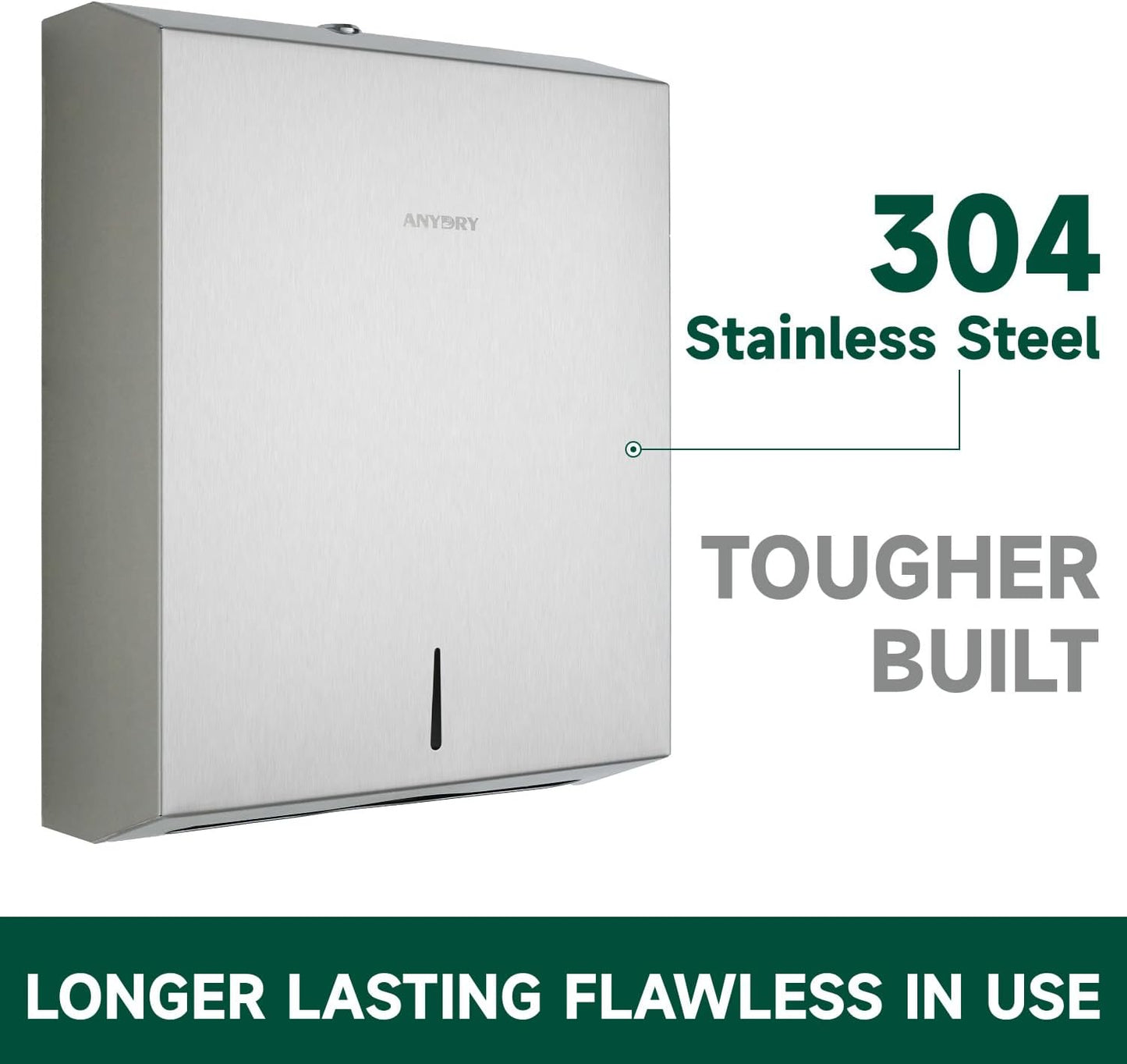 Commercial Paper Towel Dispenser Wall Mount 400-Sheet Capacity Brushed Stainless Steel Lockable Fits Multifold/Z-Fold Towels (Folded Size ≤ 10.6" x 3.9")