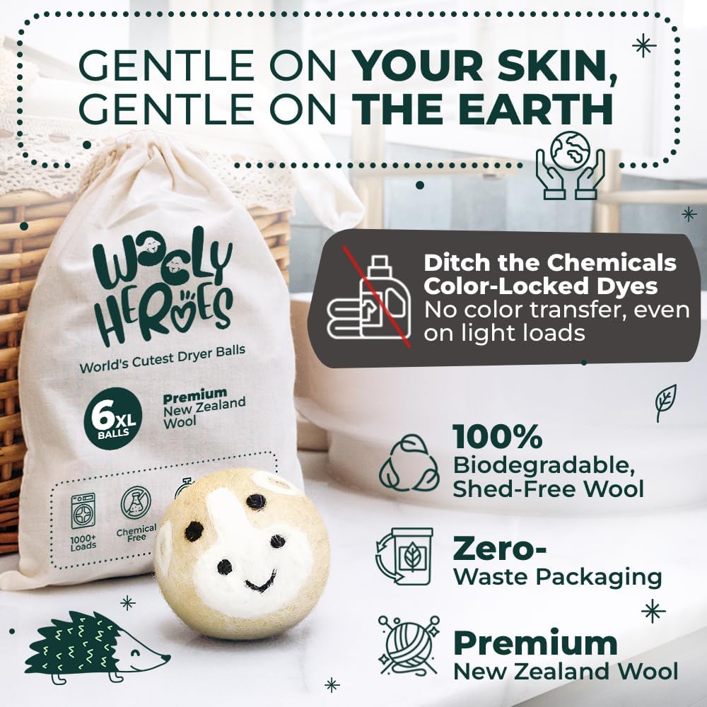 No More Dryer Sheets! Reusable Wool Dryer Balls XL 6-Pack - Reduces Static, Cuts Dry Time, & Softens Naturally
