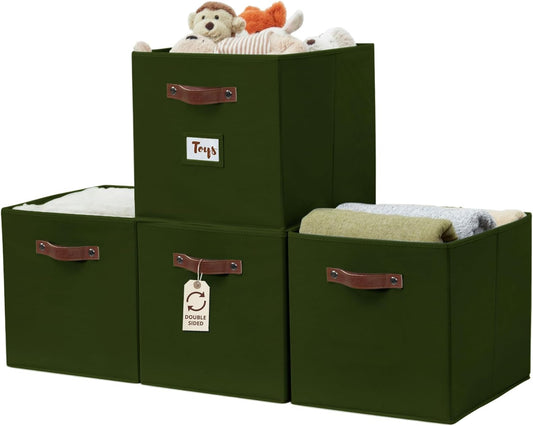 DECOMOMO Storage Baskets, 13x15x13 Storage Cube Bins with Labels for Organizing Shelves Kallax (Kallax / 4pcs, Olive Green)