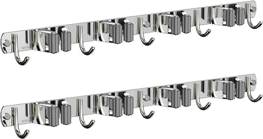 2 Pack Mop and Broom Holder Wall Mount, Non-slip Broom Hanger Wall Mount, Heavy Duty Mop Broom Organizer for Kitchen Garden Garage Laundry Room Wall Decor Organization and Storage Silver 4R5H