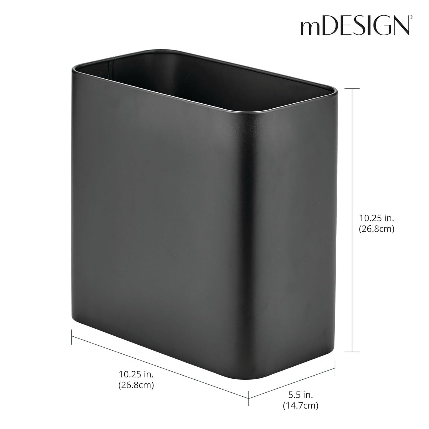mDesign Small Metal 2.4 Gallon Trash Can Wastebasket Garbage Bin for Bathroom - Mini Slim Rubbish Waste Bin for Master or Guest Bath, Bedroom, Garage, Laundry Room, or Playroom, Black, Pack of 1