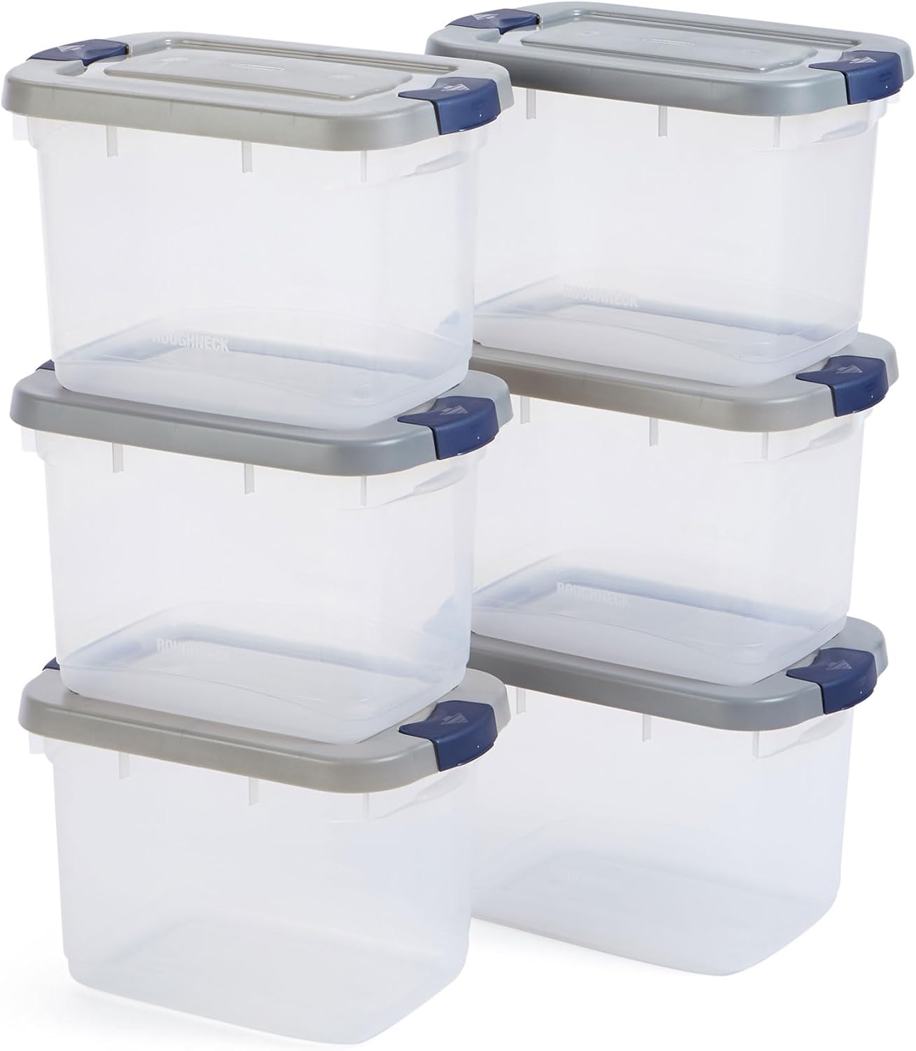 Rubbermaid Roughneck Clear 19Qt/ 4.75 Gal Storage Containers, Pack of 6, with Snap-Fit Grey Lids, Visible Base, Sturdy and Stackable, Great for Storage and Organization