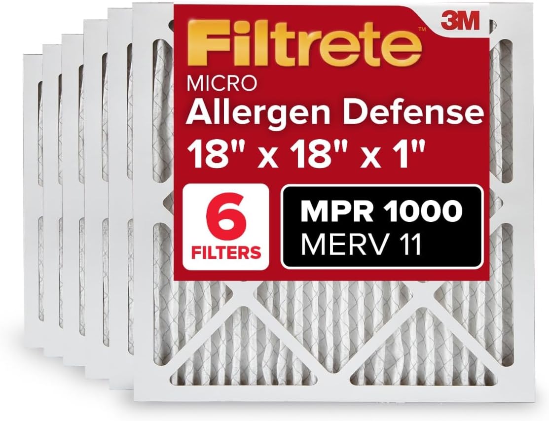 Filtrete 18x18x1 AC Furnace Air Filter, MERV 11, MPR 1000, Micro Allergen Defense, 3-Month Pleated 1-Inch Electrostatic Air Cleaning Filter, 6 Pack (Actual Size 17.81x17.81x0.81 in)