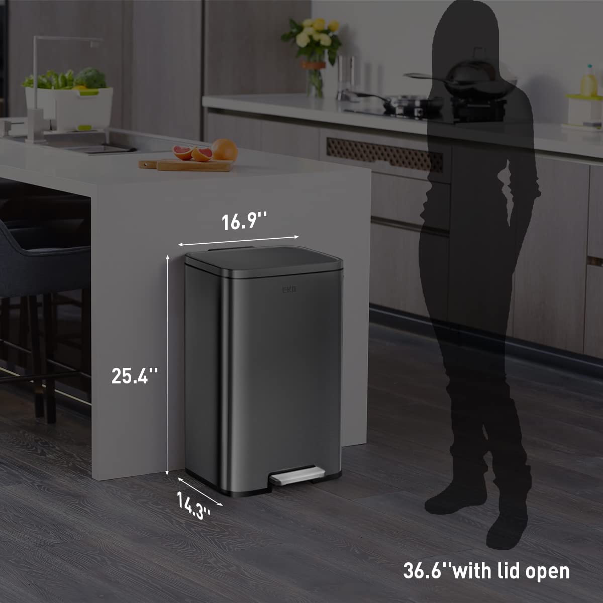 EKO Madison Matte Black 50 Liter/13.2 Gallon Step Trash Can with Inner Liner - Fingerprint Resistant Finish