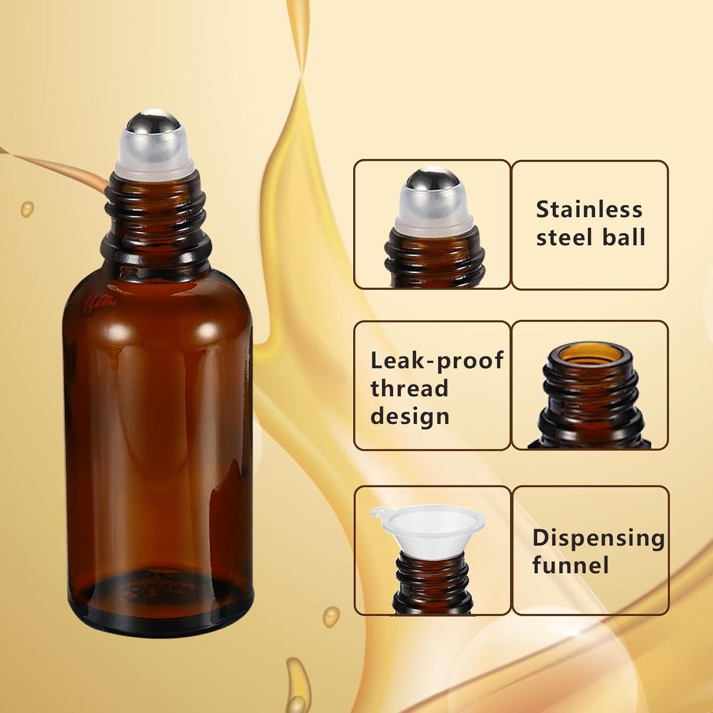 30ML Roller Bottles for Essential Oil, 4 Pack Empty Amber Glass Roller Bottle for Perfume Oil, Roll on Bottles with Stainless Steel Roller Balls, Opener, Funnel and Dropper