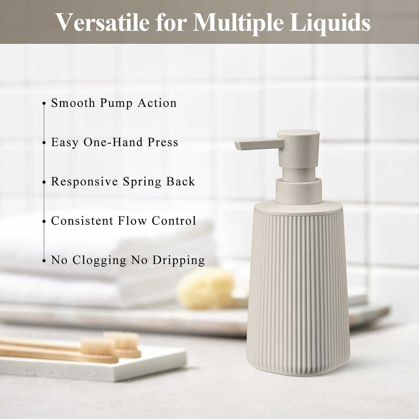 Beige 2 Pack Hand Soap Dispensers with No Rust Pump for Bathroom and Kitchen Countertops Refillable Striped Matte Plastic 8.5 oz