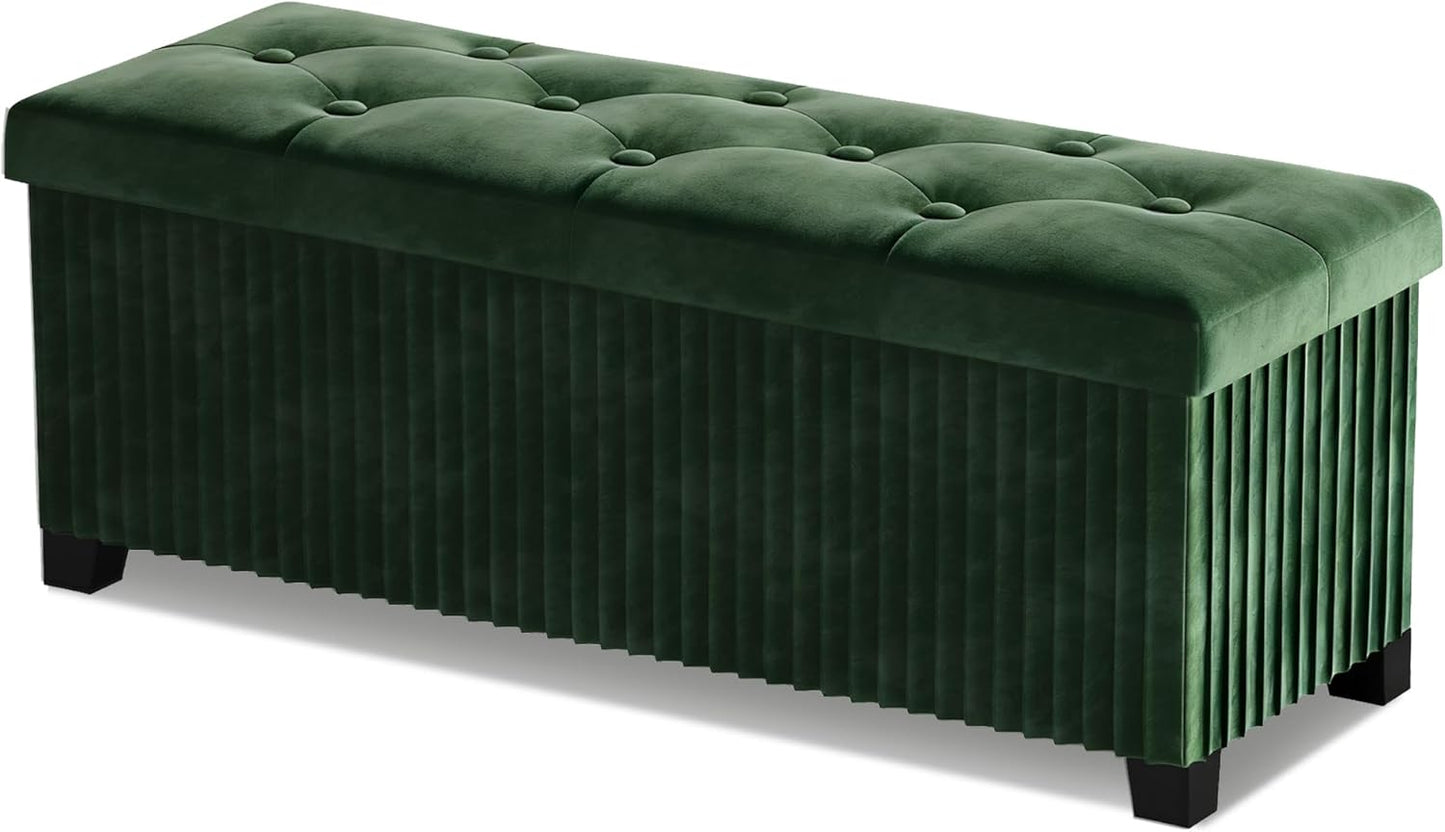 Storage Ottoman Bench, 43 Inch Foldable Ottoman with Legs, Velvet Foot Rest Stool, End of Bed Bench, Storage Chest for Living Room, Bedroom (Green)