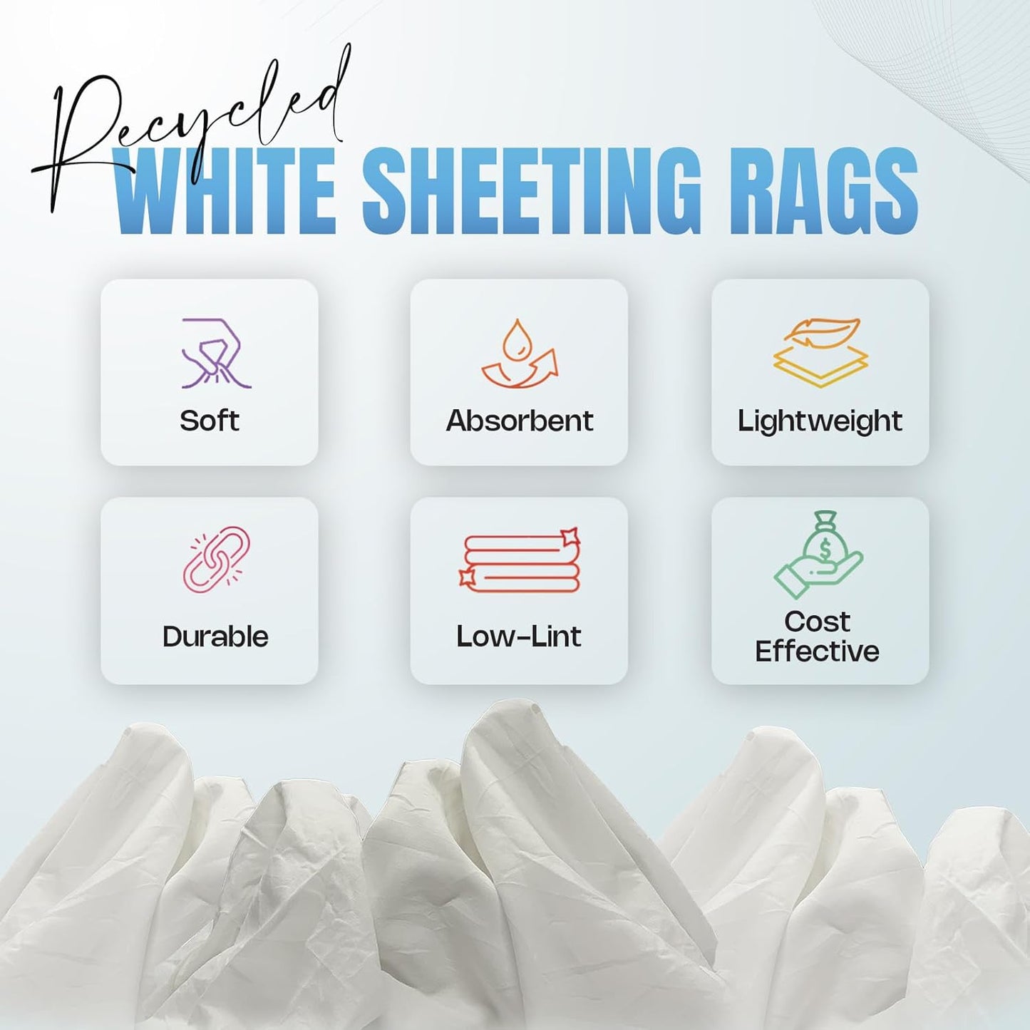 Recycled White Sheeting Cleaning Rags (50 lbs. Box) – Lint Free White Cotton Cloths for Manufacturing | Automotive | Janitorial | Shop Rags Bulk - Multipurpose