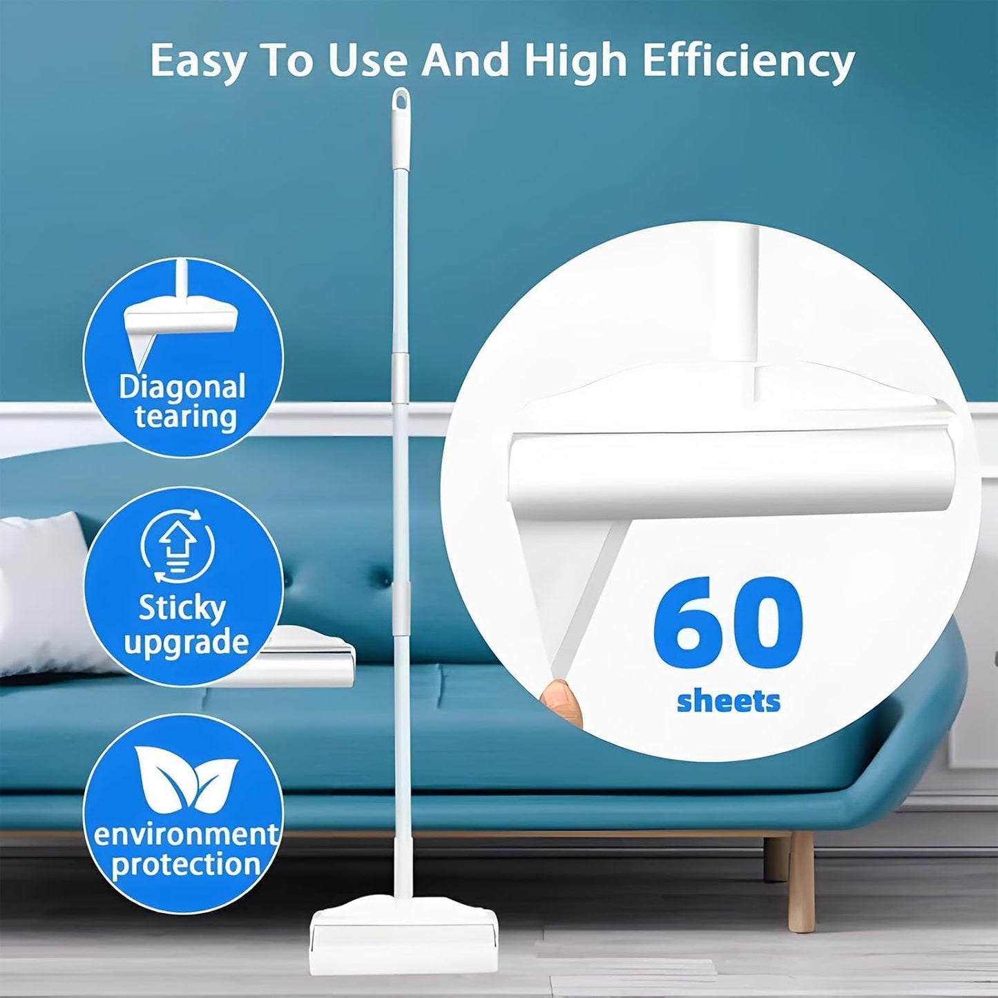 YHPDVI Lint Roller for Pet Hair – 7.5" Extra Wide Sticky Roller with 2 Refills & Long Handle | Heavy Duty Fur Remover for Couch, Carpet, Bed, Clothes | Large-Surface Lint Brush for Dog Cat Hair