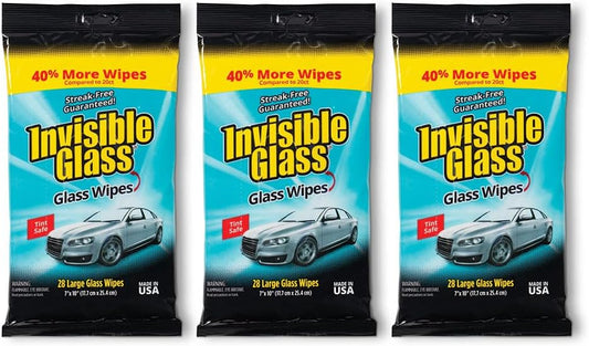 Invisible Glass 90161-3PK Large Glass Cleaning Wipes for Streak-Free Windows, Mirrors, and Glass, Lint-Free, Ammonia-Free, Tint-Safe, for Home and Auto, Flat Pack, 28 Wipes, Pack of 3