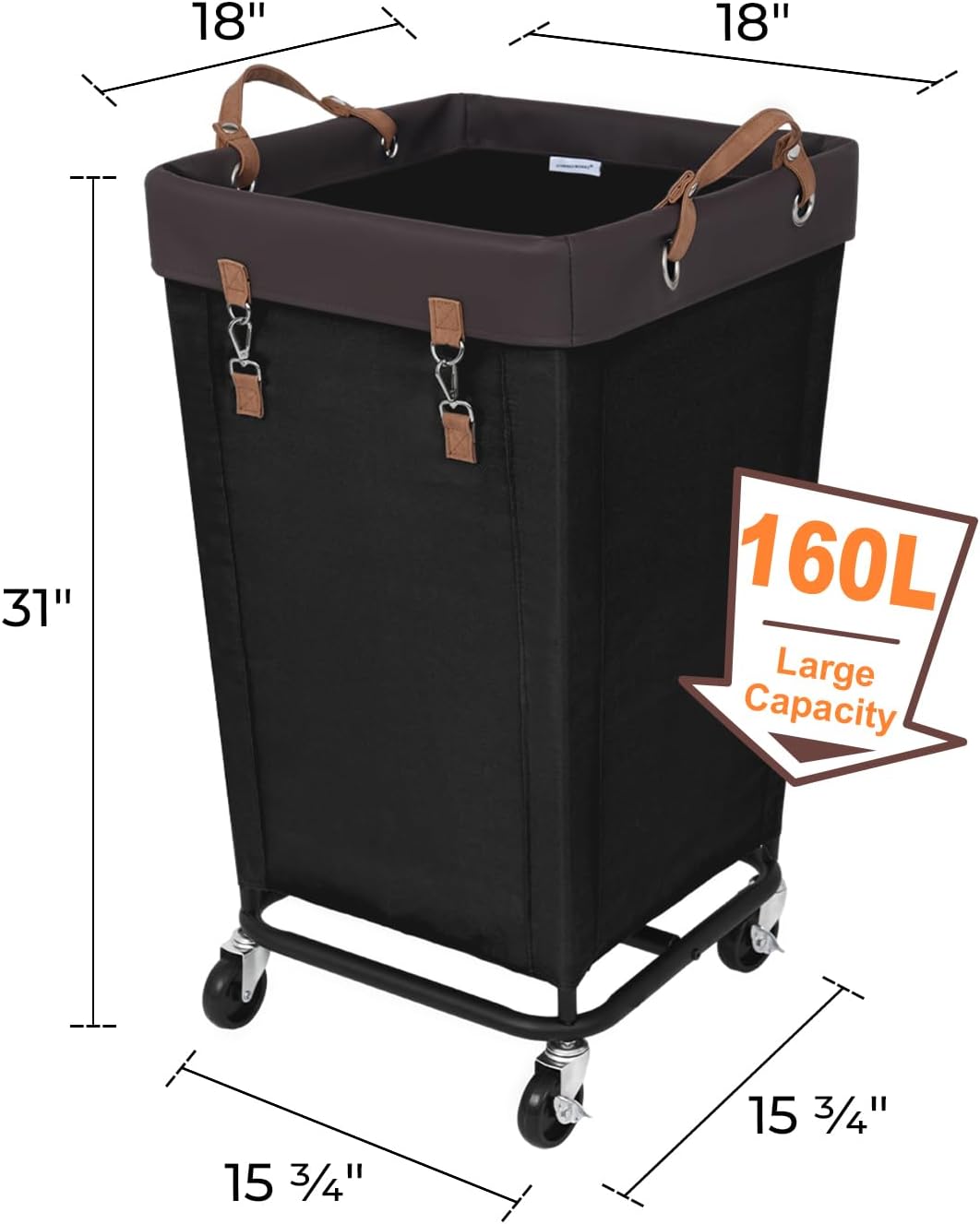 StorageWorks 160L Laundry Basket with Wheels, Large Rolling Hampers for Clothing Organizer, Dirty Clothes Basket for Hotel, Home, Closet, Dorm, Black