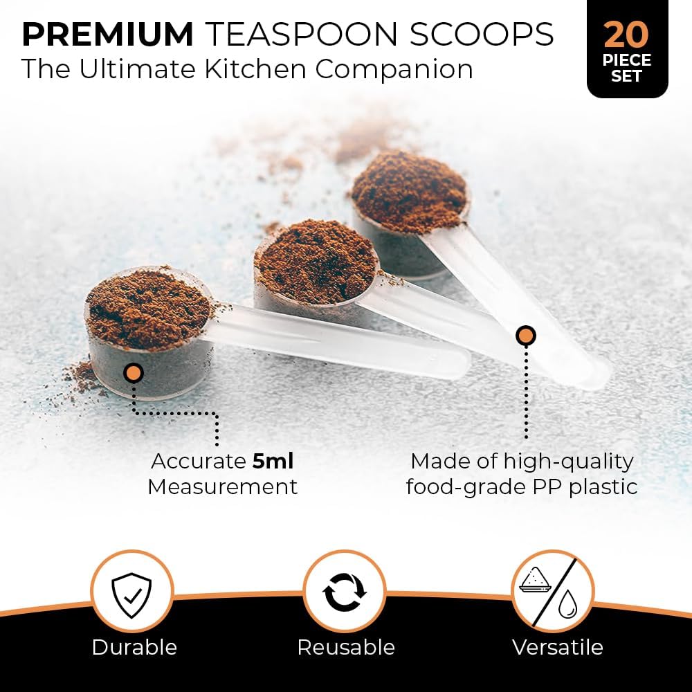 20 Measuring Spoons Set with Short Handle - 1 Teaspoon (5 ML) Clear Plastic Scoops for Creatine, Coffee, Grains, Spices, Powders, and Other Dry Goods, BPA Free, Kitchen Tools Measure, Fits in Jars