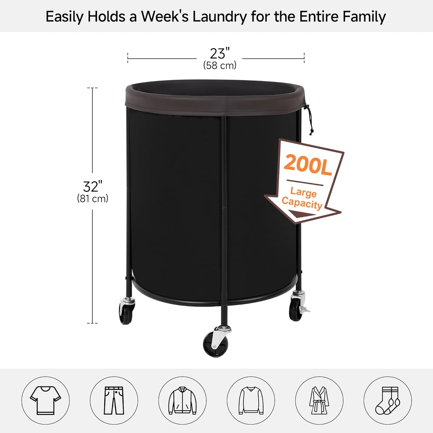 StorageWorks Rolling Laundry Basket, Laundry Hamper with Wheels, Laundry Room Organization and Storage, Dirty Clothes Cart for Bathroom, Bedroom, Black