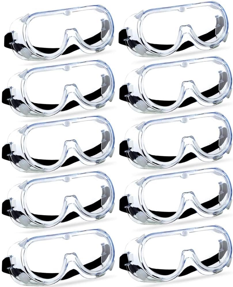Super More 10PCS Anti-Fog Protective Safety Goggles Clear Lens Wide-Vision Adjustable Chemical Splash Eye Protection Soft Lightweight Eyewear